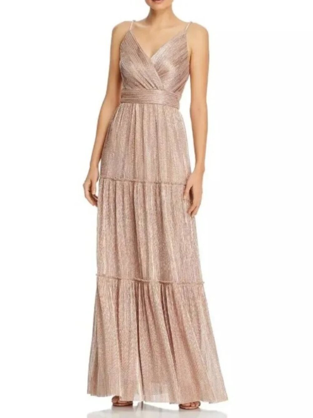 AQUA Rose Gold Metallic Pleated Tiered V-Neck Gown Maxi Dress Size 4